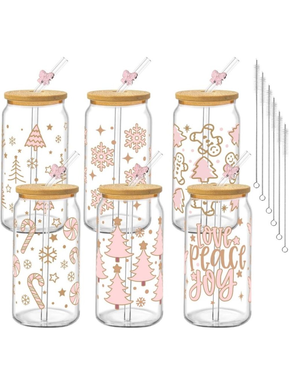 Set of 6 Glass Cups with Lids & Straws, 16oz - Perfect for Christmas & Parties